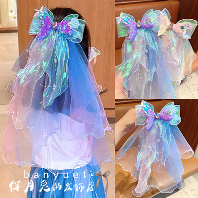 伴月兔儿童超仙蝴蝶结亮片网纱发夹小女孩美人鱼公主可爱头纱发饰