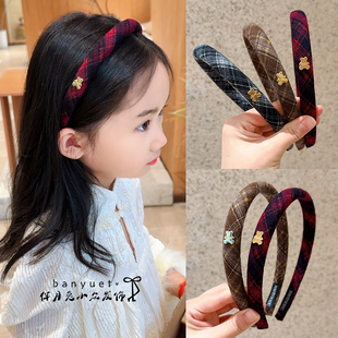 儿童秋冬新品 可爱小熊格纹发箍女童轻奢气质头箍宝宝不勒头发饰