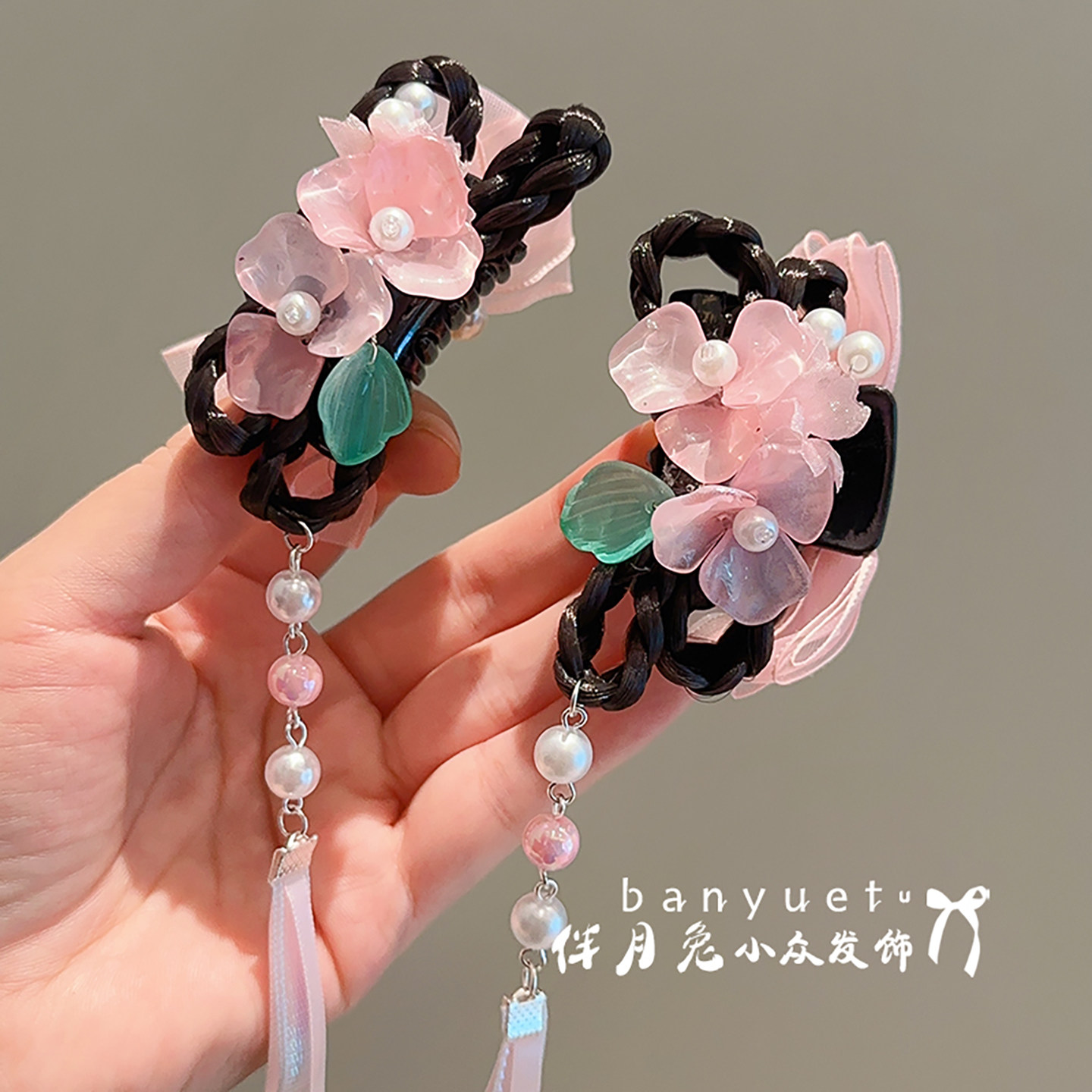 伴月兔儿童花朵抓夹古风发夹发饰图片