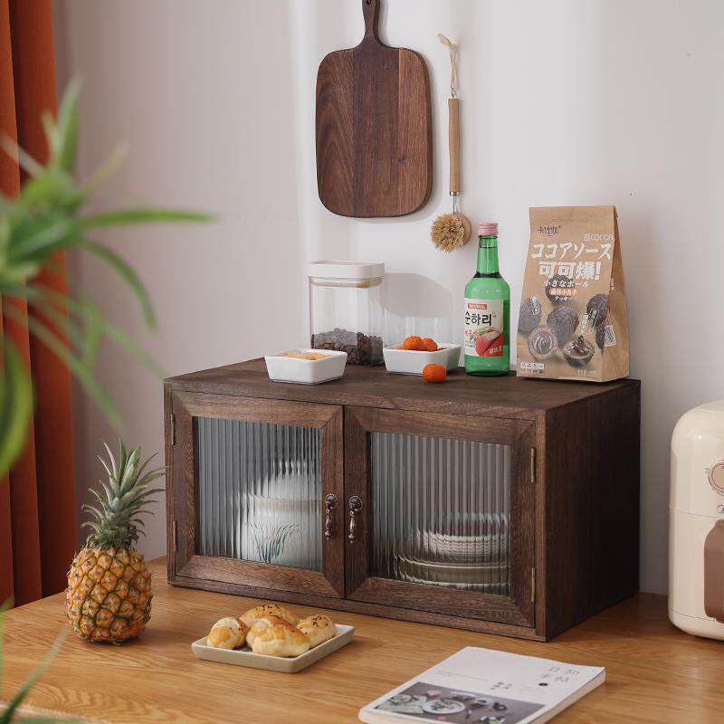 家用小碗盘柜厨房收纳柜覆古炭化收纳小书柜实木质餐柜玻璃门调料