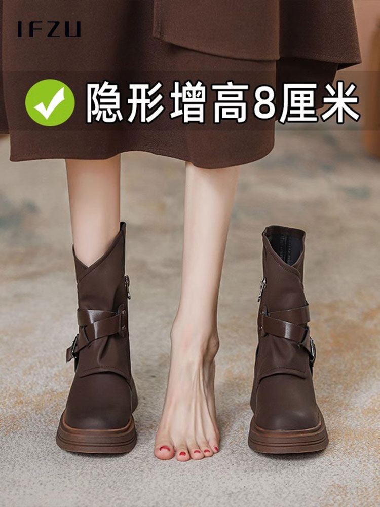 真皮马丁靴女春秋季2025新款加绒厚底内增高单靴小个子英伦风短靴