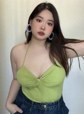 速发00斤大码吊年搭行风性感辣妹绿色内流挂脖今带背心