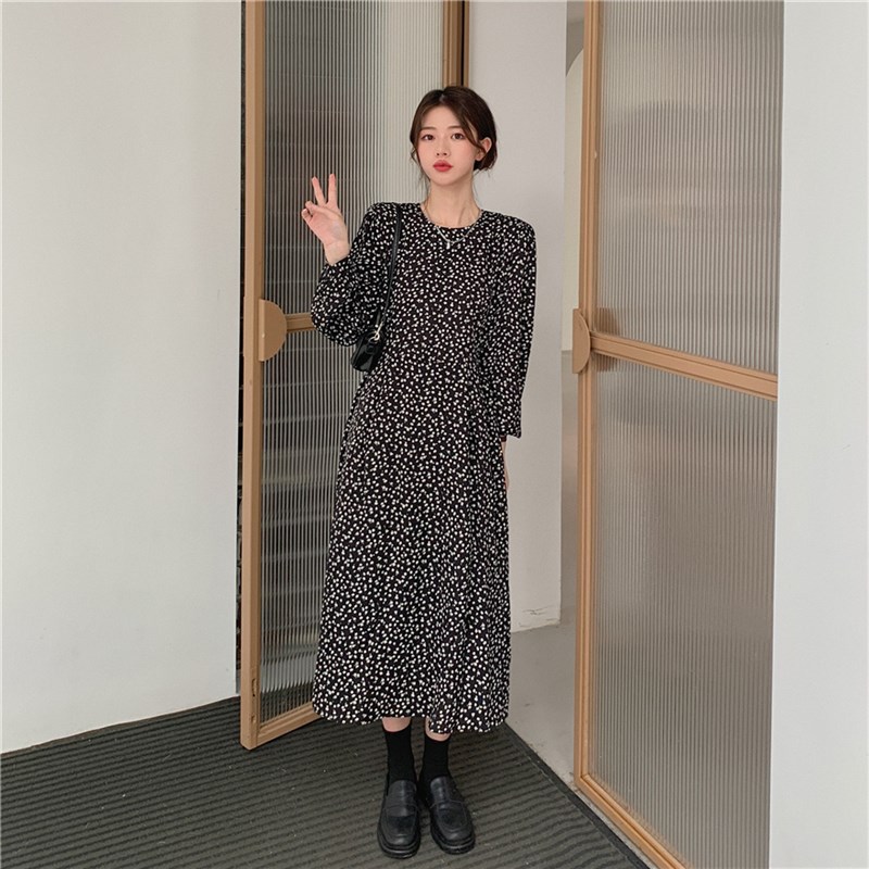 速发大码长袖碎0连衣裙2花2早秋新款收搭内腰过膝打底长裙子