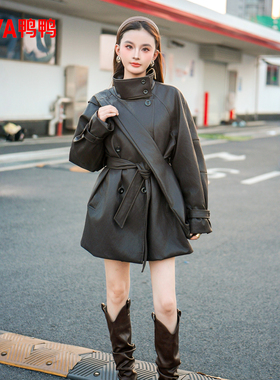 鸭鸭2025秋新款皮羽绒服时尚宽松休闲咖啡色皮衣高级感气质外套女