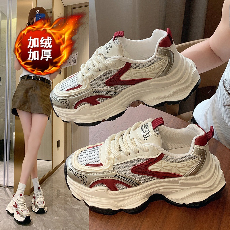 厚底老爹鞋子女2025新款爆款秋冬百搭加绒加厚网鞋增高休闲运动鞋