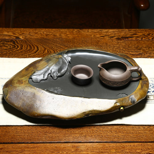 砚台茶盘家用2021新款歙砚玉带金晕籽料石头办公室茶盘茶具茶托茶