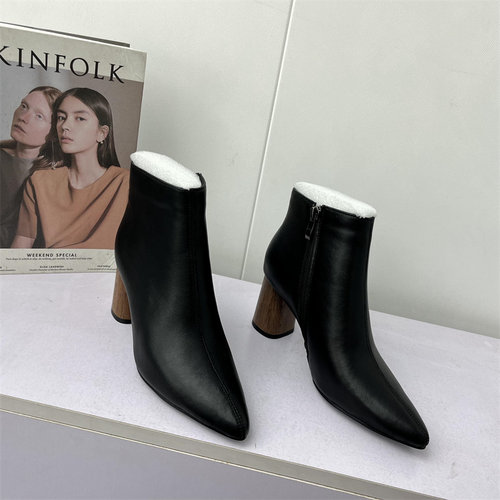 撤柜处理折扣真皮女鞋2024秋新款尖头粗高跟欧美风百搭牛皮女短靴