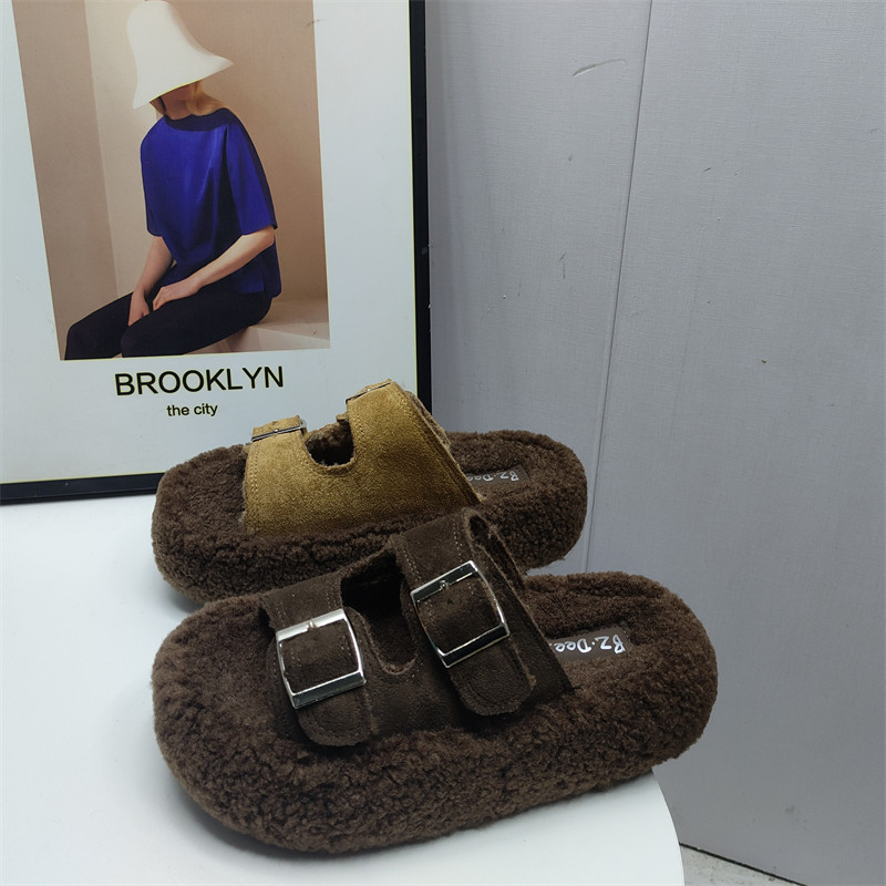 撤柜处理折扣外贸女鞋2025秋冬新款时尚外穿羊卷毛毛一字女棉拖鞋