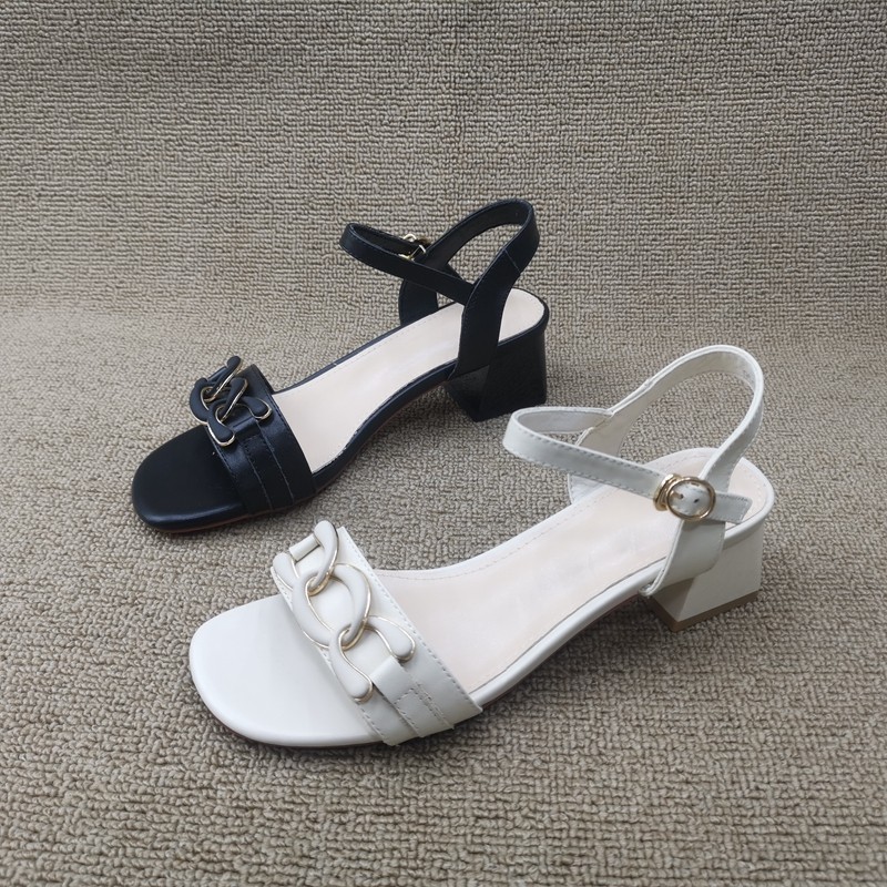 2022夏新款品牌折扣真皮女鞋时尚百搭一字带牛皮中粗跟露趾女凉鞋