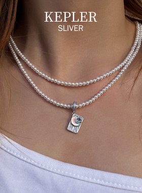 塔罗牌纯银珍珠项链女长款多层叠戴颈链年轻小众轻奢女祭司牌送礼