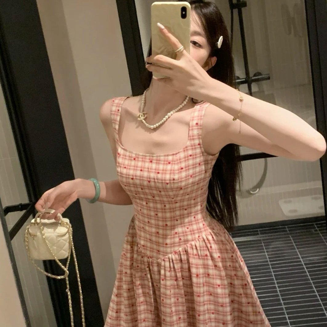 原版面料！纯欲风甜美短裙夏季收腰显瘦俏皮少女格纹吊带连衣裙女