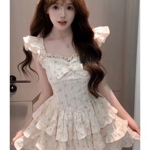 2025夏季 纯欲风短裙子 小飞袖 设计感连衣裙甜美温柔蛋糕蓬蓬裙韩版