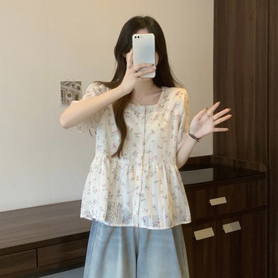 法式碎花短袖衬衫女夏季新款大码胖mm显瘦遮肚设计感方领小衫上衣