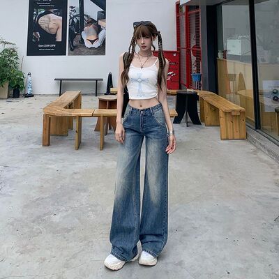实拍2025美式复古低腰辣妹宽松喇叭裤百搭垂感显瘦阔腿牛仔裤女