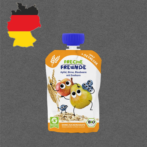 德国代购300包邮freche freunde6个月有机谷物苹果梨蓝莓果泥100g