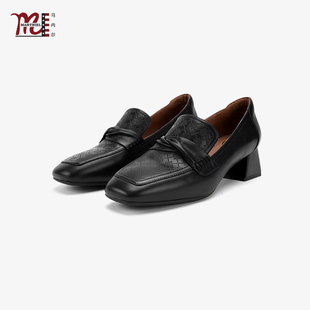 马内尔通勤英伦风真皮乐福鞋女一脚蹬粗跟软底百搭黑色豆豆鞋