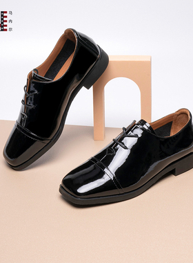 马内尔单鞋女2023新款秋季黑色方头英伦风漆皮低跟小皮鞋G36282