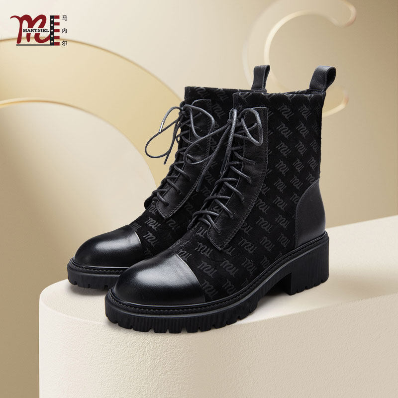MARTNIEL/马内尔系带短靴女厚底马丁靴英伦风瘦瘦靴秋冬真皮女靴