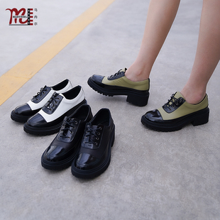 马内尔英伦风撞色拼接德比鞋女系带粗跟小皮鞋复古布洛克鞋通勤