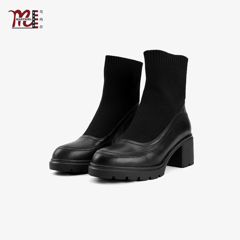 马内尔套筒高跟黑色弹力袜靴女秋冬厚底粗跟短靴百搭增高瘦瘦靴,女鞋,弹力靴/袜靴,淘宝优惠券,粉丝福利购,淘宝优惠卷