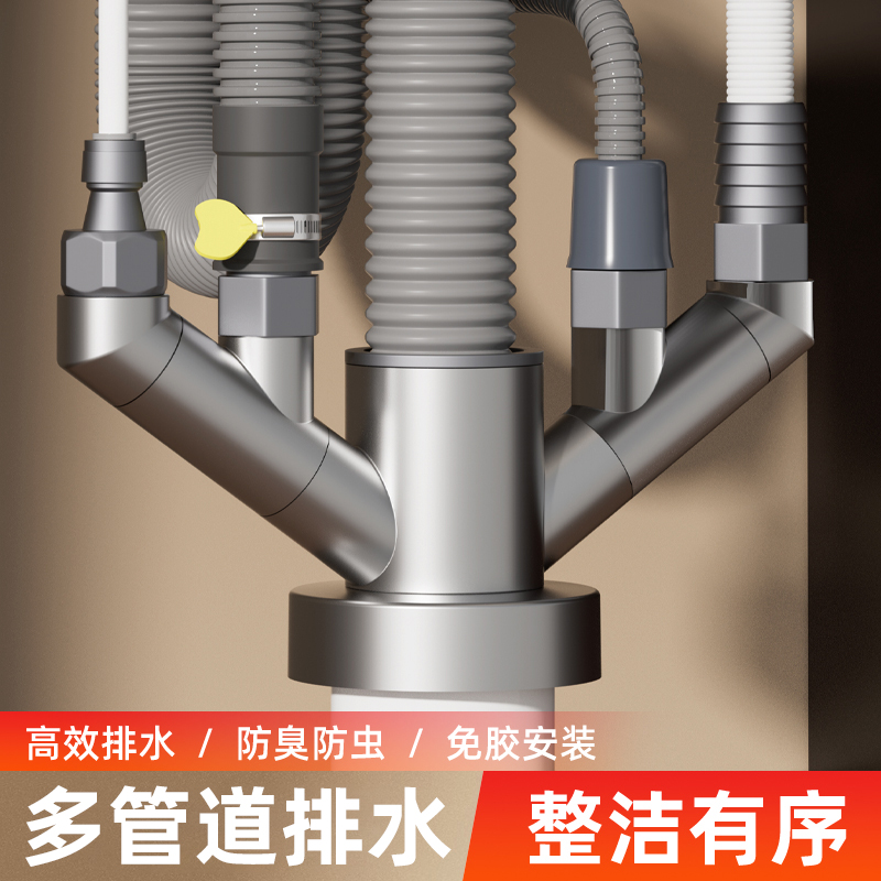 厨房下水管三头通接头洗菜盆净水器下水道排水地漏三通防返臭神器
