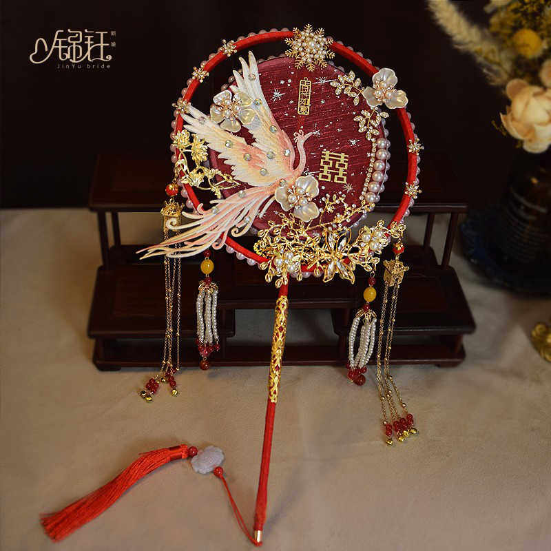 双圈成品遮面团扇子红色蕾丝花朵新娘结婚秀禾团扇新中式古风