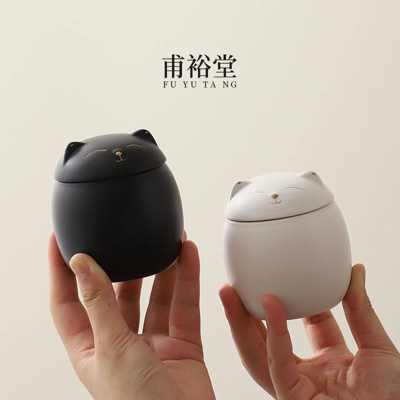 甫裕堂 小猫茶叶罐陶瓷储物罐子防潮密封粗陶罐创意个性小茶仓