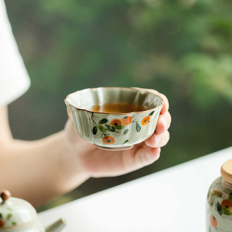 拓土纯手绘柿子菊瓣杯茶杯功夫茗杯陶瓷茶碗闻香主人杯单个杯子