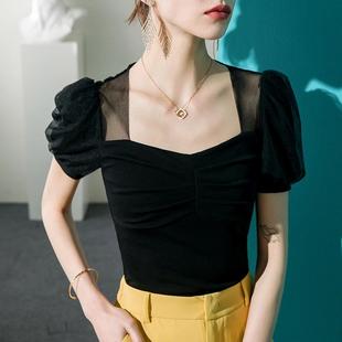 棉t夏季 法式 2023春夏新款 网纱拼接泡泡袖 白色上衣 方领T恤女短袖
