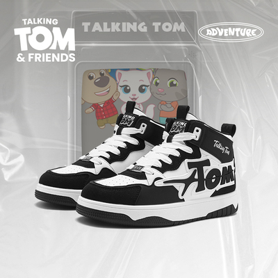 汤姆猫男鞋黑白高帮板鞋