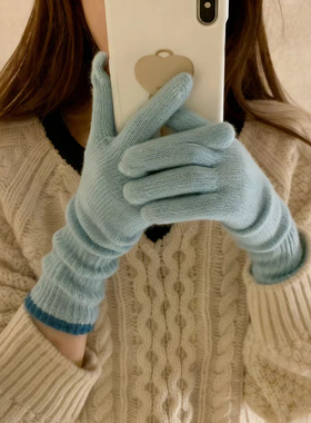 蓝色针织手套女生冬季保暖御寒加长露二指可触屏骑车五指毛线手套
