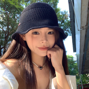 高级感黑色针织渔夫帽子女2026新款大头围显脸小百搭镂空遮阳盆帽