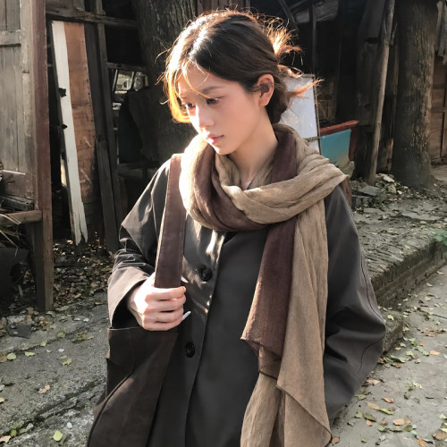 复古文艺棉麻拼接透气披肩围巾