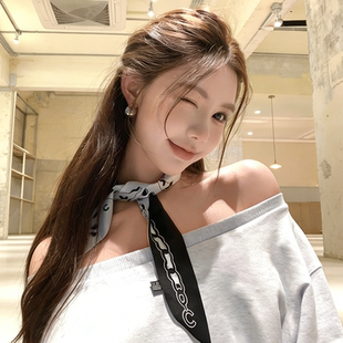 黑白小狗丝巾女ins长条百搭法式丝带领巾氛围感细发带飘带围巾