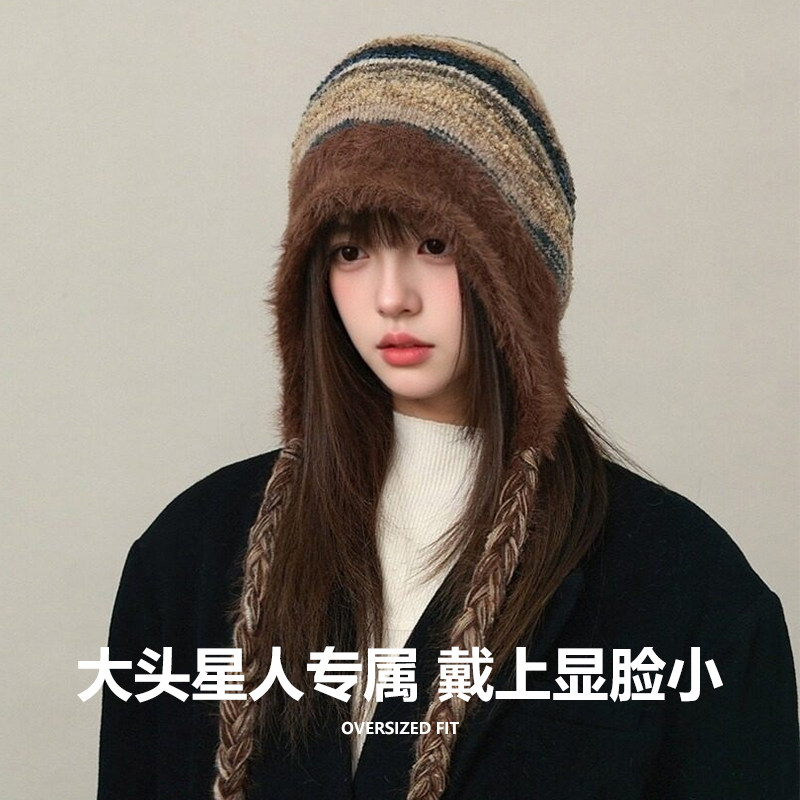 棕色大头围针织帽女款冬季双层加绒保暖包头帽旅游护耳防寒毛线帽