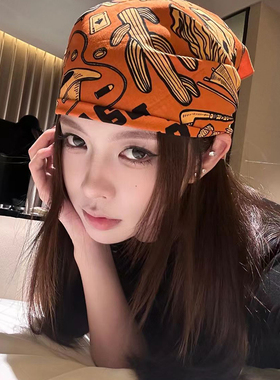 复古橙色印花头巾女2026新款夏季嘻哈辣妹薄款包头小方巾y2K头饰