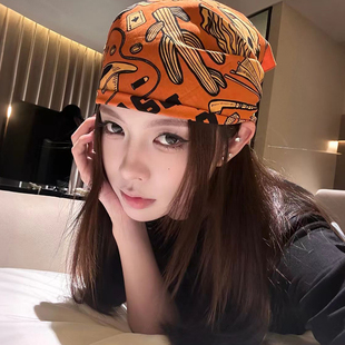 复古橙色印花头巾女2026新款夏季嘻哈辣妹薄款包头小方巾y2K头饰