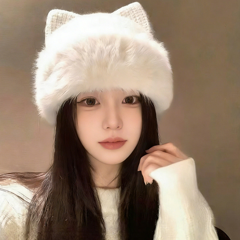 白色猫耳朵针织毛线帽女冬季新款加厚保暖防寒洋气毛绒护耳帽子