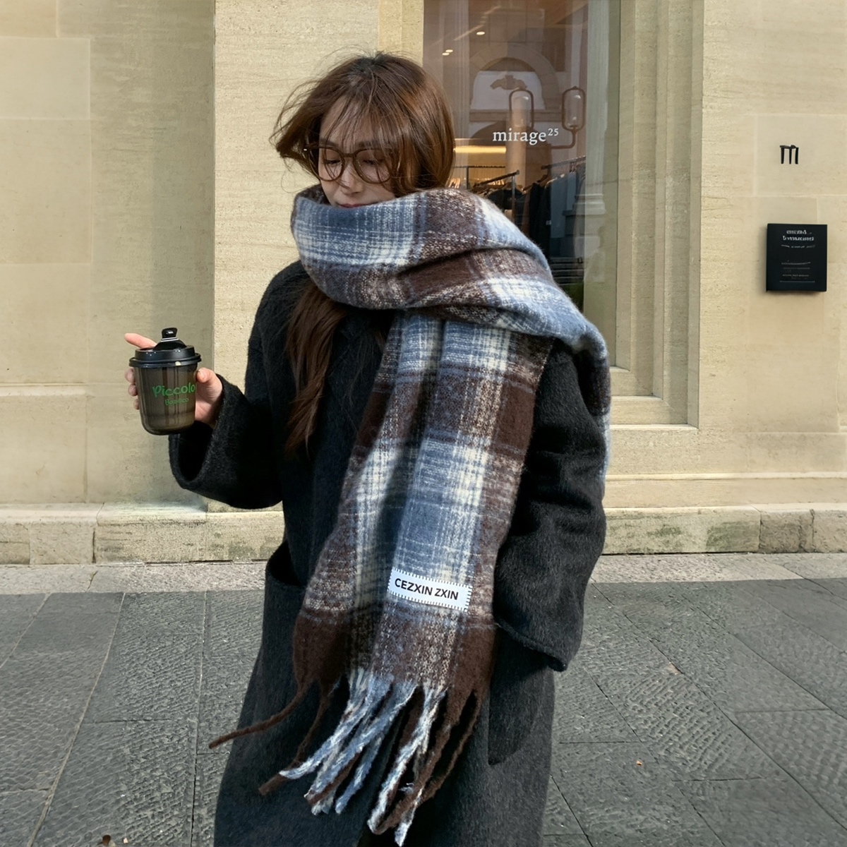 韩版马海毛格纹围巾女冬加厚保暖