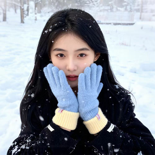新款蓝色毛绒可爱针织手套女韩版秋冬学生分指保暖可触屏骑行手套