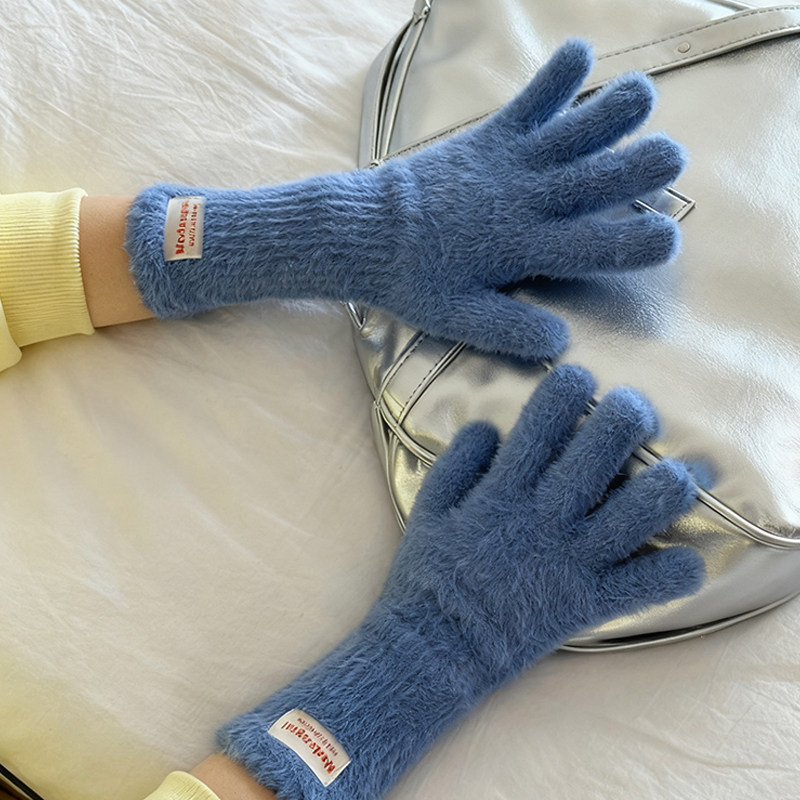 纯色软糯毛绒手套女冬季韩系可触屏加绒加厚女士骑行防寒防风保暖