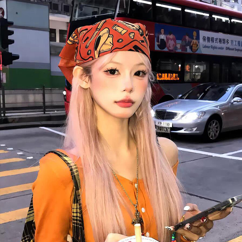 杨超越同款复古橘色头巾女2025年夏季辣妹方巾y2k嘻哈包头巾抹胸