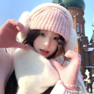 粉色针织毛线帽子女2025新款可爱纯色护耳飞行帽百搭显脸小雷锋帽