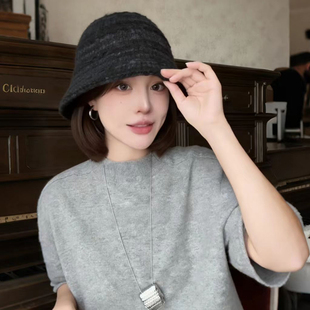 黑色针织渔夫帽女款秋冬大头围高级感防寒保暖水桶帽开叉毛线盆帽
