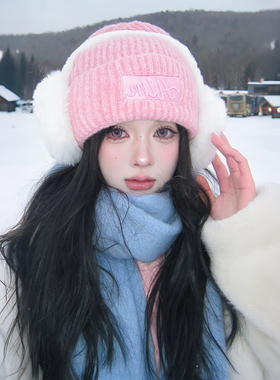 美式字母粉色针织帽子女士冬保暖大头围毛线帽纯色冬日好看的帽子
