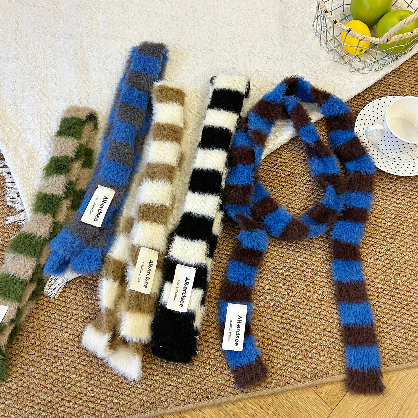 韩版复古条纹腊肠围巾女针织围脖