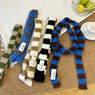 韩系条纹细窄y2k腊肠毛绒围巾女秋冬保暖围脖高级感百搭辣妹配饰