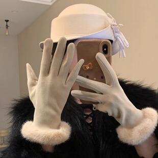 名媛千金风轻奢毛绒手套女秋冬季时尚骑行防寒保暖可触屏气质手套