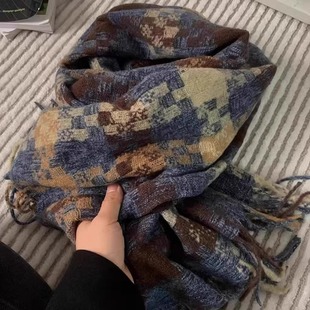 蓝色格纹围巾女款2025新款冬季韩系高级氛围感加厚情侣女士长围脖