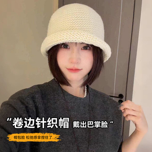 白色针织卷边渔夫帽女士秋冬大头围保暖显脸小水桶盆帽护耳毛线帽